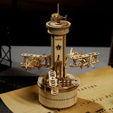 Build & Create Studio™ Airplane Control Tower Mechanical Music Box – DIY Wooden Model with Moving Parts and Music